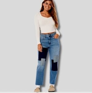 Hollister Curvy Ultra High-Rise Vintage Straight Blue Patchwork Jean W33 L27 17R